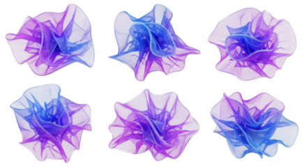 Six abstract translucent floating shapes in gradient colors against white background for artistic design and decoration