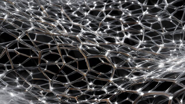 Abstract close up of a complex interconnected network with bright light points at each intersection