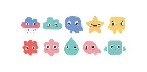 Fototapeta premium Cute cartoon characters, colorful geometric shapes with happy faces in flat playful style for kids illustration emoji icon collection decorative graphic element design