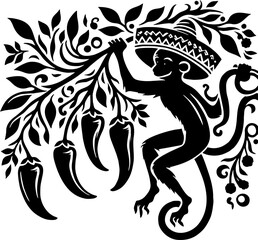 Mexican Style Monkey Vector Silhouette in Solid Black