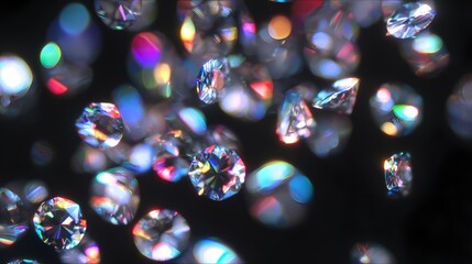 A scattered array of dazzling diamonds with vibrant light reflections on a dark background