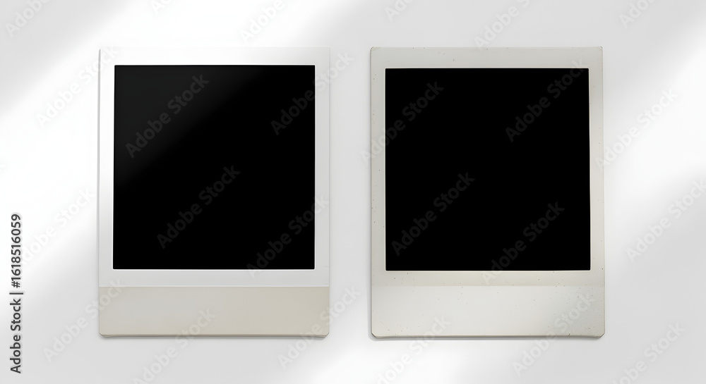 Poster pair of blank instant photo frames on clean white background with subtle shadows in studio lighting