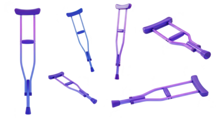 Assortment of multi-colored medical crutches arranged isolated on white illustrating recovery and mobility aids