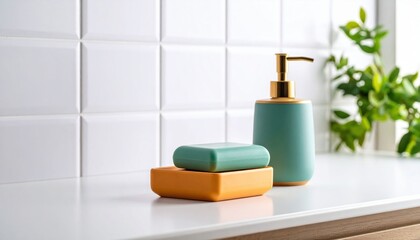 Teal Soap Dispenser And Orange Soap Dish On White Tiles Bathroom