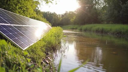 A sustainable solar panel positioned by a river, symbolizing clean energy's potential to nurture the environment, promoting a greener future. - Powered by Adobe
