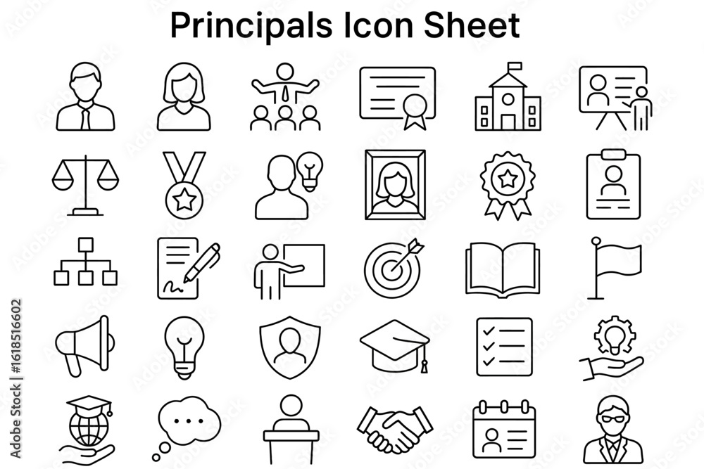 Poster principals icon sheet: a collection of simple line icons, representing various concepts related to p