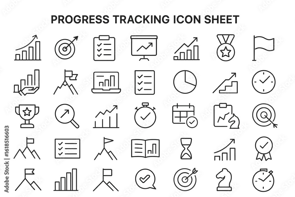 Poster progress tracking icon set: a comprehensive collection of modern vector icons for progress tracking,
