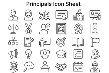 Principals Icon Sheet: A collection of simple line icons, representing various concepts related to principals, showcasing education, leadership, and authority in a clean, modern design.