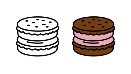 Cookie sandwich clip art with chocolate wafers and pink filling in color and black outlines