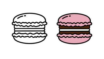Two Macaron Style Illustrations Outline Version and Pink Colored Sweet Treat