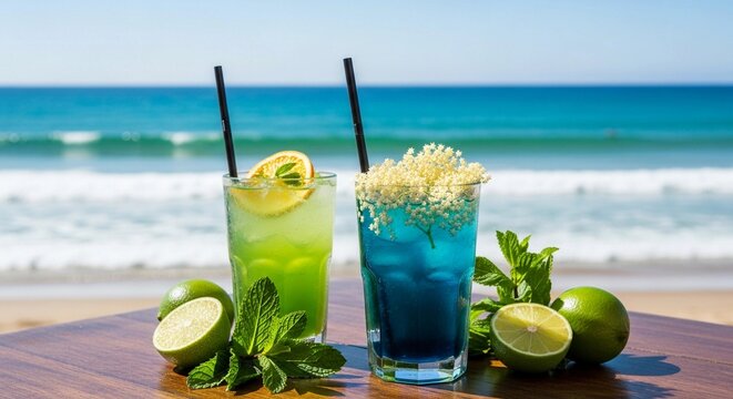 Two colorful cocktails on a wooden table by the beach. One green cocktail with lemon and mint, the other blue with elderflower and mint. Ocean in the background.