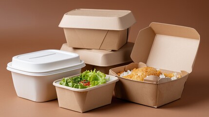 Eco-friendly biodegradable food containers on brown background