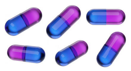 Transparent purple and blue pills in various positions on a white background useful for pharmaceutical or medical visual aids