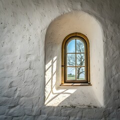  "Ornate arched window in a stone wall with a scenic sunset view."