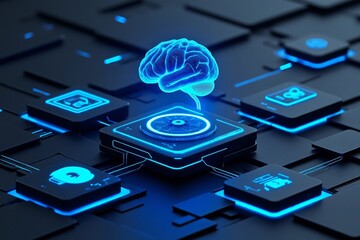 Futuristic neural network with glowing blue artificial intelligence brain and circuitry