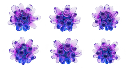 Abstract 3D rendering of purple & blue virus-like structures different views on a white background suitable for scientific visualizations or design