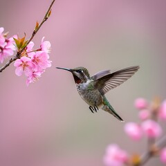 Nature's beauty: a tiny hummingbird with iridescent throat, gracefully approaching pink flowers.