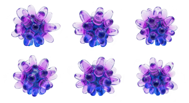Abstract 3D rendering of purple & blue virus-like structures different views on a white background suitable for scientific visualizations or design - Powered by Adobe