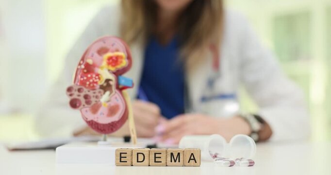 Word Edema on wooden blocks emphasizes fluid retention problem. Anatomical kidney model with stones stands against doctor symbolizing organ impact