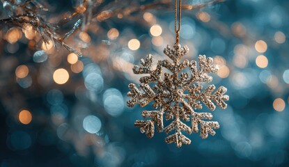 Golden snowflake ornament, bokeh background