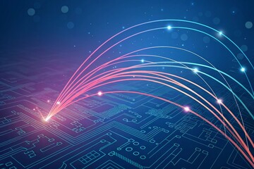 Abstract glowing light trails flowing over a digital circuit board background