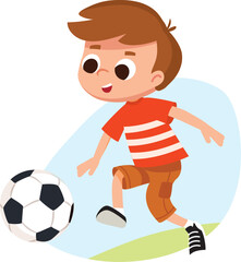 A cartoon child playing with a ball. A boy runs and kicks a soccer ball. Children's sports activity.