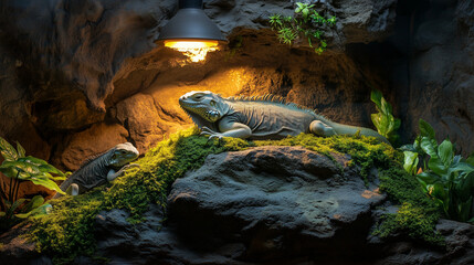 A Mother and Baby Iguana Basking Under a Heat Lamp in Their Terrarium
테라리움 안에서 열 램프 아래 일광욕을 즐기는 어미와 아기 이구아나