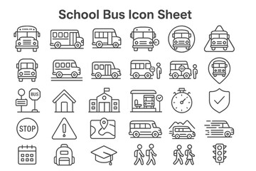 School Bus Icon Sheet: A comprehensive icon sheet of school bus-related symbols, offering a versatile set of pictograms perfect for educational and transportation-themed design projects.