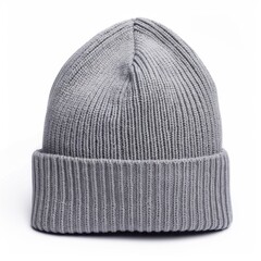 Knitted gray beanie hat for winter fashion apparel isolated on white background