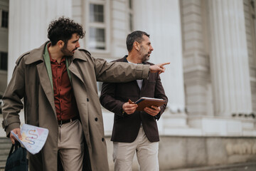 Two men in formal attire engaging in discussion outside a public building with paperwork, capturing...