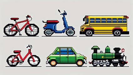 Pixelated vehicles including bicycles scooter school bus car and train