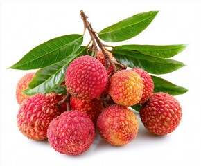 Whole Fresh Lychee with Stems on White Background, Summer Tropical Fruit with Textured Pericarp and Foliage Detail