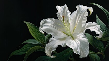 Fototapeta premium Close-up of a pristine white lily, with dark green leaves, against a black background. Soft light highlights the flower's delicate petals