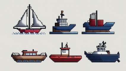 Obraz premium Six pixel art boats including a sailboat cargo ship and tugboats on a light background