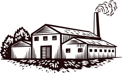 Naklejka premium Vintage engraved illustration of an industrial factory building with smokestack and trees in retro