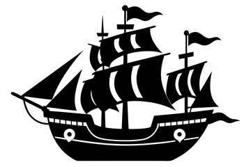 A vintage pirate galleon sails the high seas with a black flag on its mast, a perfect vector illustration for a nautical adventure