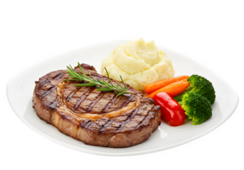Succulent grilled steak, creamy mashed potatoes, and roasted vegetables, garnished with rosemary. An exquisite dining experience, isolated on white/transparent as high-res PNG.