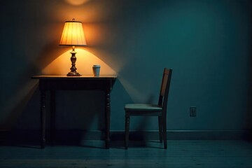 A single, empty chair sits at a dimly lit table, a discarded coffee cup nearby, conveying feelings of isolation and the dull ache of a headache , forgotten, apartment, pensive