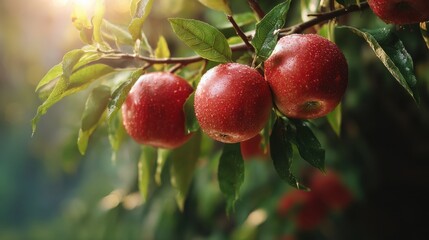 Obraz premium Ripe red apple fruit on tree branch with water drops in orchard. Concept for healthy eating, autumn harvest, and fresh produce.