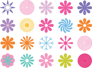 Collection of diverse colorful flower and circular designs on clean white background.