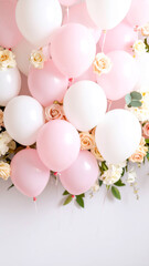 Rosa Luftballons und weisse rosa Blumen Bl&uuml;ten 