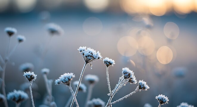 Closeup of frostcovered plants in soft morning light