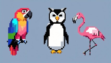 Naklejka premium Colorful pixel art parrot owl and flamingo arranged against a simple gray background