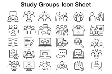 Study Groups Icon Sheet: A comprehensive icon sheet features line art illustrations of various study group scenarios, perfect for educational or collaborative projects.