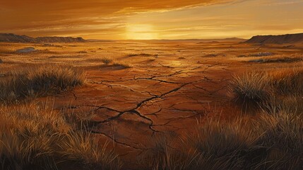 Vibrant sunset over a cracked brown landscape showing dry grass in a vast arid environment