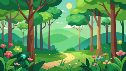 Vector art of a winding path leads through a beautiful forest with tall trees, green hills, and blooming flowers