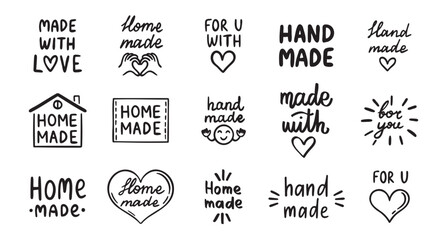 vintage old style hand made and made with love labels writings set. Hand drawn doodle outline drawing hand made line clipart symbol