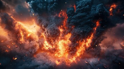 Fototapeta premium Dramatic explosion enveloping the sky with vibrant flames and thick smoke billowing over a fiery landscape at dusk