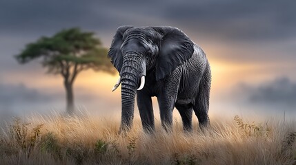 Obraz premium A young elephant silhouetted at dusk, using its trunk to forage for food near a quiet plain.