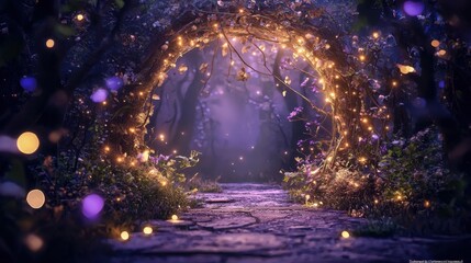 Enchanted glow archway leading to a mystical forest illuminated by soft lights and vibrant flora, inviting exploration into a magical world